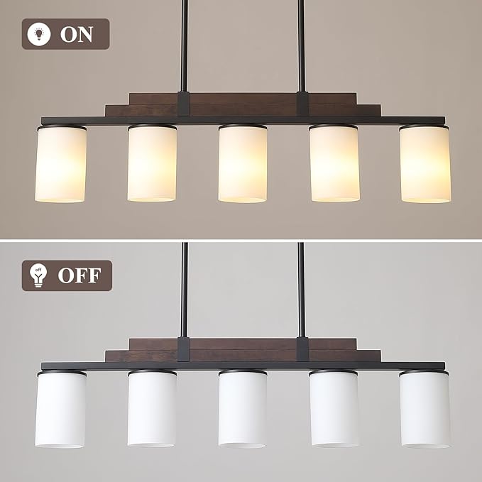 Farmhouse Wood Kitchen Island Lighting, 5-Light Adjustable Chandelier for Dining Room, Milk Glass Shade Dining Room Light Fixture Over Table, Black Hanging Pendant Lights for Kitchen, Pool Table