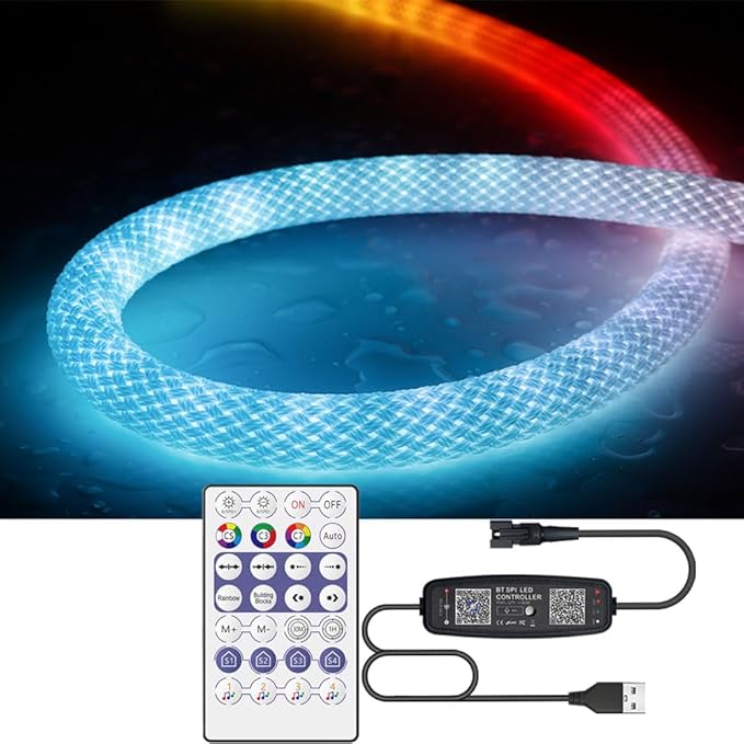 9.8FT WS2811 360 Degree Round Reticulate Neon LED Strip with Controller,RGB Nylon Flexible Dream Colorful Rope Light,Bedroom Indoor Outdoor Decoration,DC5V(No Adapter)
