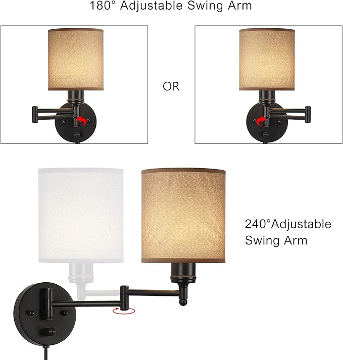 CADUKE Wall Lamps Plug in, Swing Arm Wall Sconce Set of 2 with Light Brown Lampshade, Modern Bedroom Wall Lights Fixtures, Bedside Wall Reading Lights