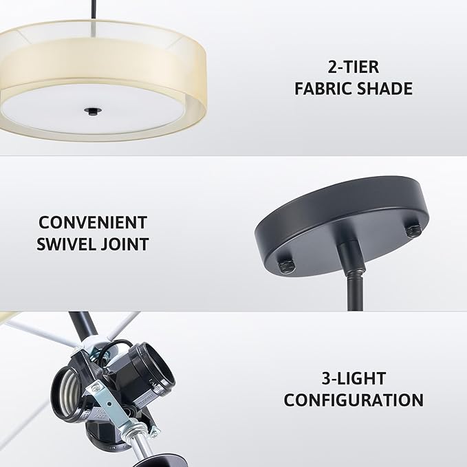 VONLUCE 3-Light Drum Chandeliers, 20" Pendant Light Fixture with 2-Layer Fabric Shade E26 Bases, Adjustable Swivel Joint Hanging Light Fixture for Bedroom Living Room Kitchen Hallway, Matte Black