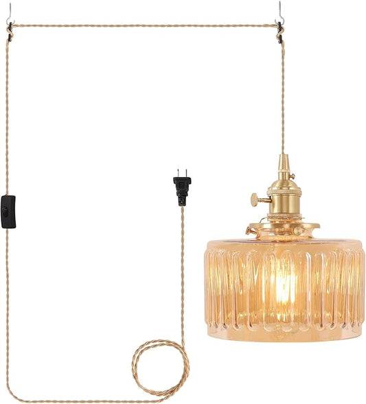 Shenmoyl Plug in Pendant Light Hanging Light Fixtures with Plugin Cord On/Off Switch,Amber Striped Glass Lampshade Brass Pendant Light