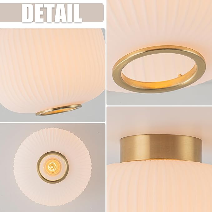 EDISLIVE Mid Century Modern Ceiling Light 9.8" Frosted Milk Glass Flush Mount Ceiling Lighting Brass Gold Ribbed Glass Light Fixture E26 Minimalist Small Ceiling Light for Hallyway Foyer Bedroom