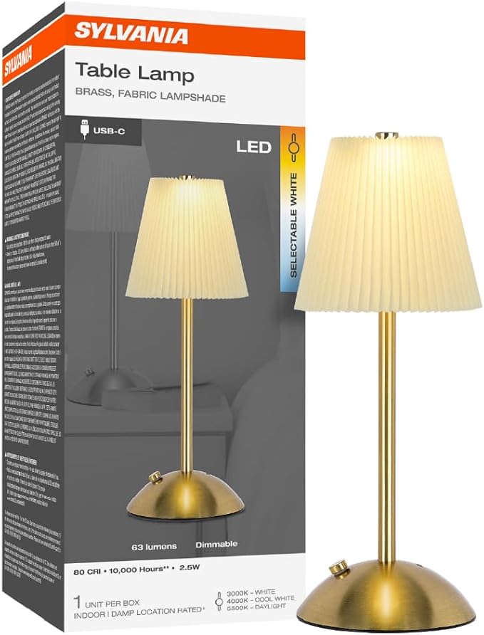 LEDVANCE Sylvania Cordless Lamp, LED Rechargeable Table Lamp with Battery Operated, USB-C, 3 Color Temperatures (3000/4000/5000K), Dimmable, Bedroom, Night Light, Coffee Shop, Brass - 1 Pack (66875)