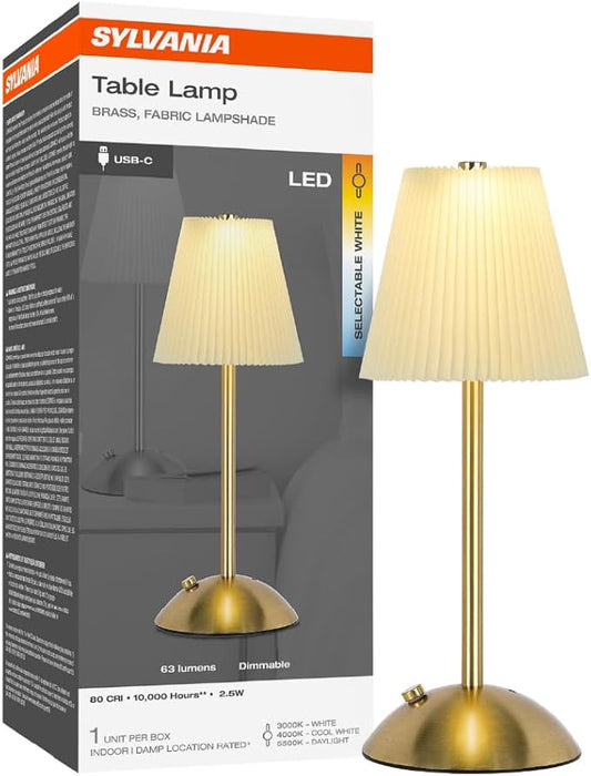 LEDVANCE Sylvania Cordless Lamp, LED Rechargeable Table Lamp with Battery Operated, USB-C, 3 Color Temperatures (3000/4000/5000K), Dimmable, Bedroom, Night Light, Coffee Shop, Brass - 1 Pack (66875)