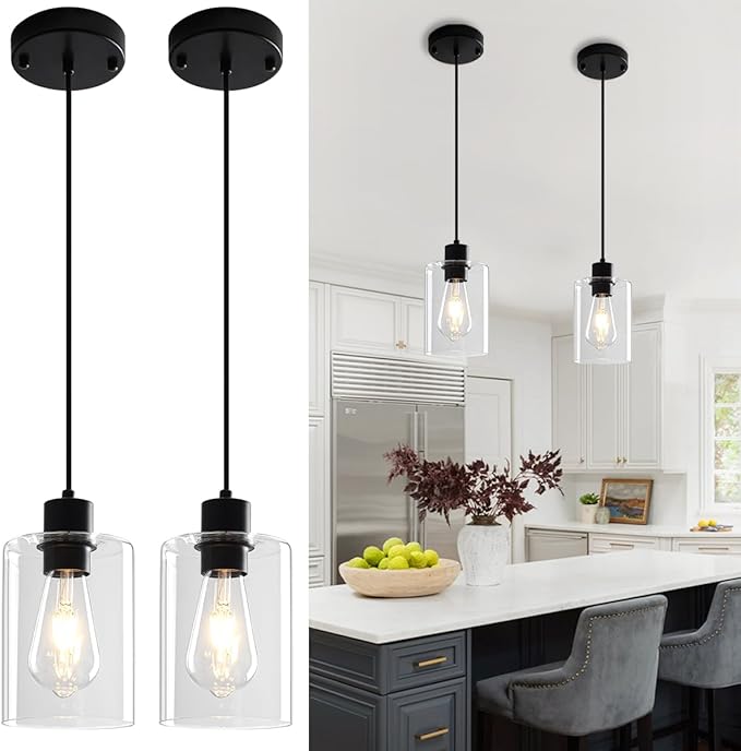 2 Pack Black Pendant Lights Kitchen Island, Modern Glass Pendant Lighting Over Island Kitchen Hanging Bathroom Ceiling Light Fixtures Adjustable Pendant Lights for Dining Room Hallway Bedroom