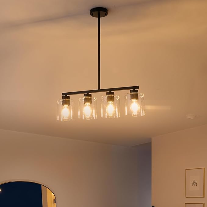 4-Light Kitchen Island Lighting, Black Pendant Light Fixture, Farmhouse Dining Room Light Fixtures Over Table, Modern Hanging Light Fixtures with Clear Glass, E26 Base, Bulbs Not Included