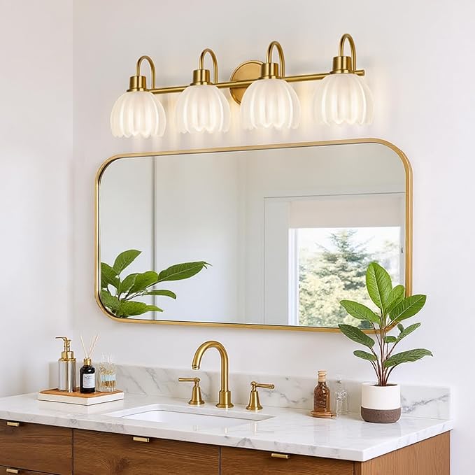 4-Light Bathroom Light Fixtures, 27" Brushed Gold Vanity Lights for Bathroom with Ribbed Frosted Clear Tulip Glass Shade, Vintage Bathroom Vanity Lighting Fixtures Over Mirror for Living Room Hallway