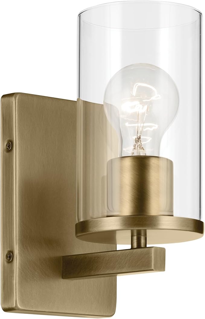 Kichler Crosby 4.5" 1-Light Wall Sconce Bathroom Light Fixture with Clear Glass in Natural Brass for Powder Room, Hallway, Kitchen, Bedroom (4.5" x 9.25"), 45495NBRCLR