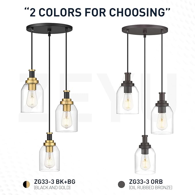 zeyu 3-Light Pendant Lighting, Adjustable Farmhouse Cluster Pendant Light for Kitchen Dining Room, Oil Rubbed Bronze Finish with Clear Glass Shade, ZG33-3 ORB