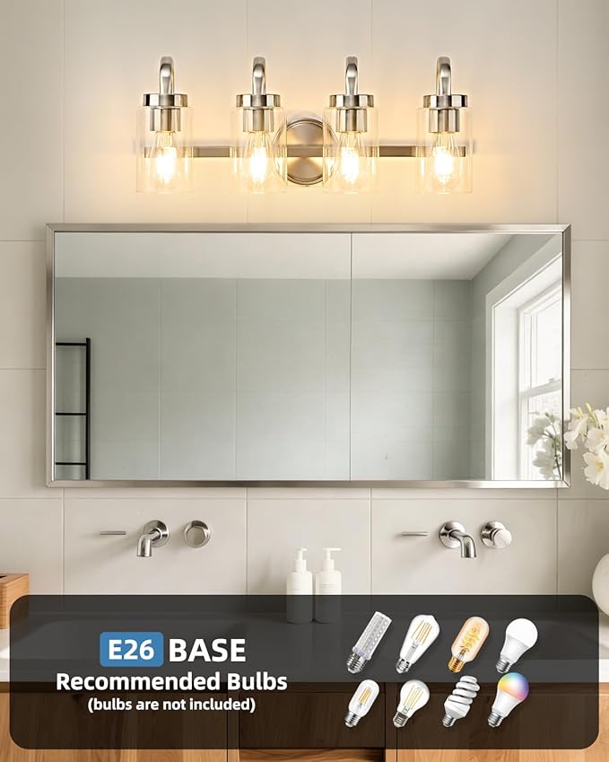 4 Light Bathroom Vanity Light, Brushed Nickel Vanity Lights for Bathroom, Modern Light Fixtures Over Mirror with Clear Glass Shade, Wall Sconce Lighting for Bedroom