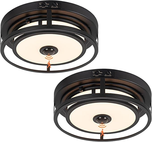 LED Motion Sensor Outdoor Ceiling Light, Flush Mount Ceiling Light Black Porch Lights, 3CCT 3000-5000K, Dusk to Dawn Motion Sensor Outdoor Lights, Anti-Bug, for Porch Entryway Garage, 2 Pack