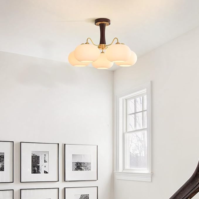 Vintage Flush Mount Ceiling Light 28" Large Semi Flush Mount Ceiling Light with 5-Light,Gold & Wood Design,Glass Lampshade,Ideal for Kitchen Bedroom Farmhouse
