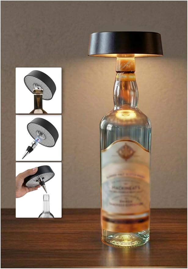 Wireless Bottle Lamp Shade, Rechargeable Wine Bottle Lights for Liquor Bottles, RGB, Touch Control 3 Color Temperatures, Dimmable, Outdoor Waterproof, Restaurant & Home Bar Décor, Gift, Black 1Pc