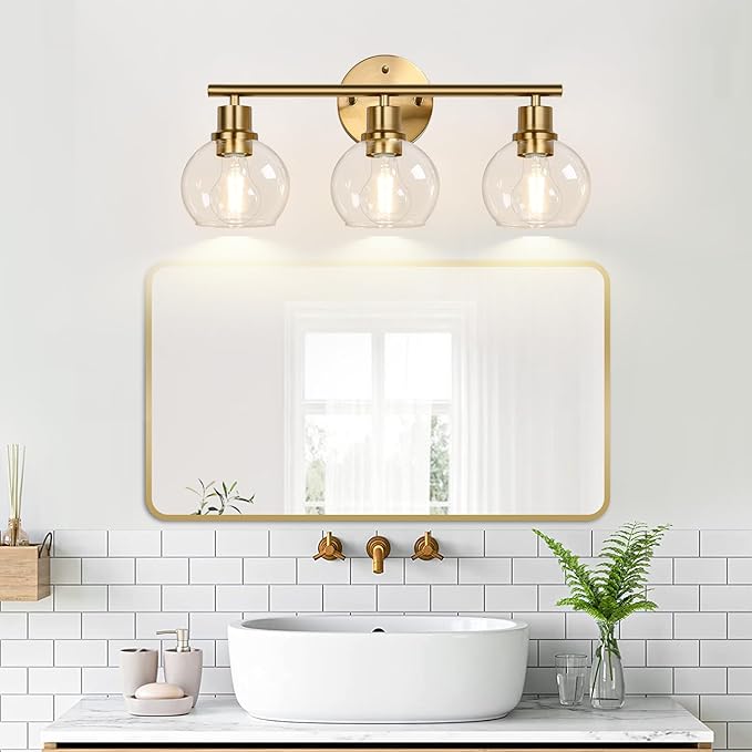 Indoi 3-Light Bathroom Light Fixtures, Brushed Gold Modern Vanity Lights Over Mirror with Clear Glass Globe Shade, Bathroom Wall Sconces for Mirror Kitchen Living Room Hallway Cabinet Bedroom Porch