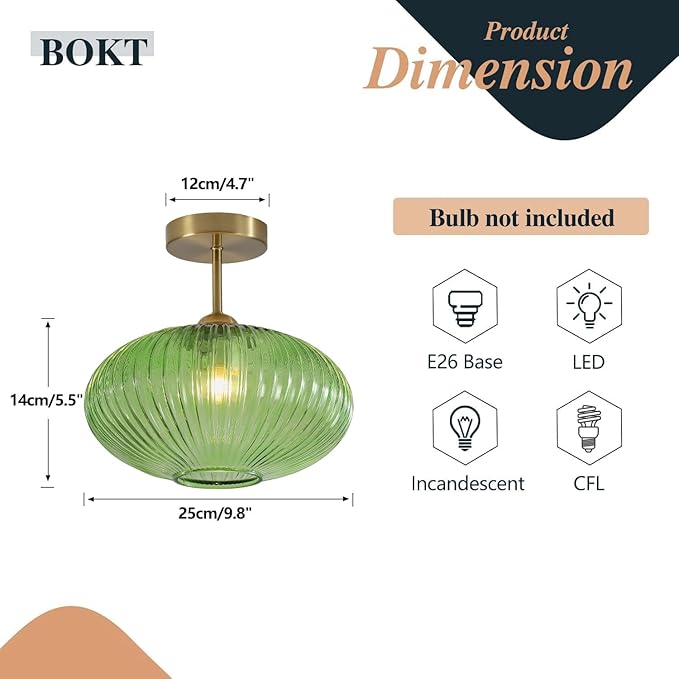 BOKT Modern Ceiling Light Green Glass Pendant Light Stairway Mid Century Close to Ceiling Light Gold Semi Flush Mount Ceilings Light Fixture for Island Kitchen Dining Room Hallway 9.8"
