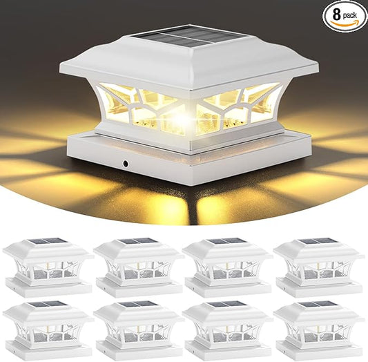8 Pack Solar Post Cap Lights Outdoor Waterproof, Fits 4x4, 5x5, 6x6 Wooden & Vinyl Fence Decks with Warm & Cool White Light Modes (Classic White, 8)