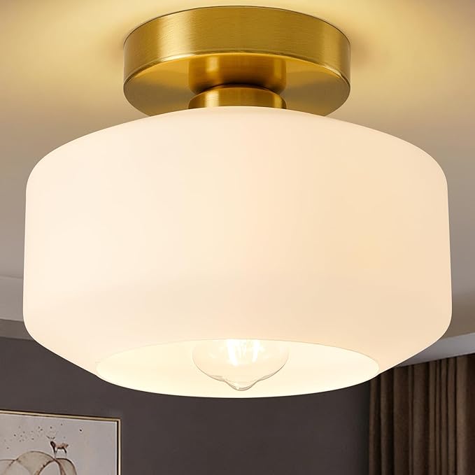 Lynnoland Industrial Semi Flush Mount Ceiling Light Brushed Gold, Milky White Glass Shade Ceiling Light Fixture,Brushed Gold Light Fixture for Hallway Bathroom Bedroom, Vintage Hanging Light Fixtures
