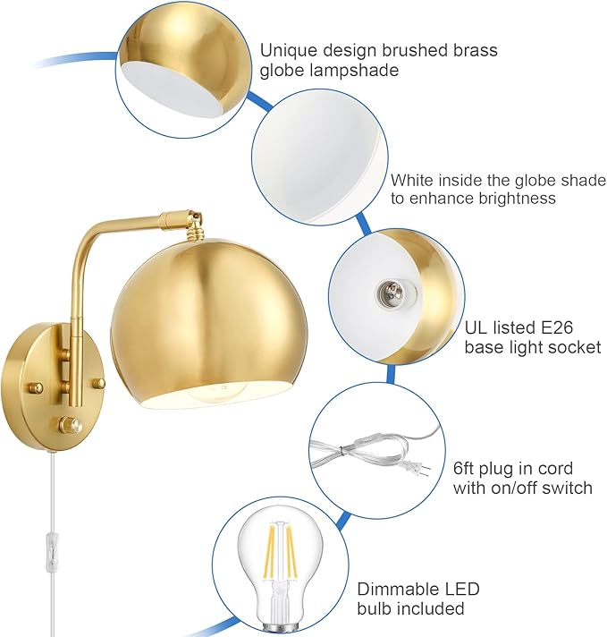 VATONI Wall Sconces Plug in, Dimmable Wall Sconce Swing Arm Wall Lights with Plug in Cord and Dimmer On/Off Knob Switch, Brushed Brass Globe Wall Light for Bedroom Bedside Hallway(2 Bulbs Included)