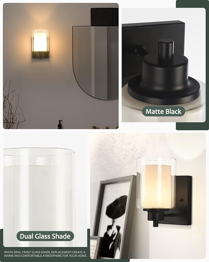 2 Pack Bath Vanity Light Fixtures 1-light, Indoor Black Wall Light with Dual Glass Shade, Farmhouse Bathroom Wall Scone, Vintage E26 Bese Wall mount Lighting for Porch Bedroom Entryway Stairs
