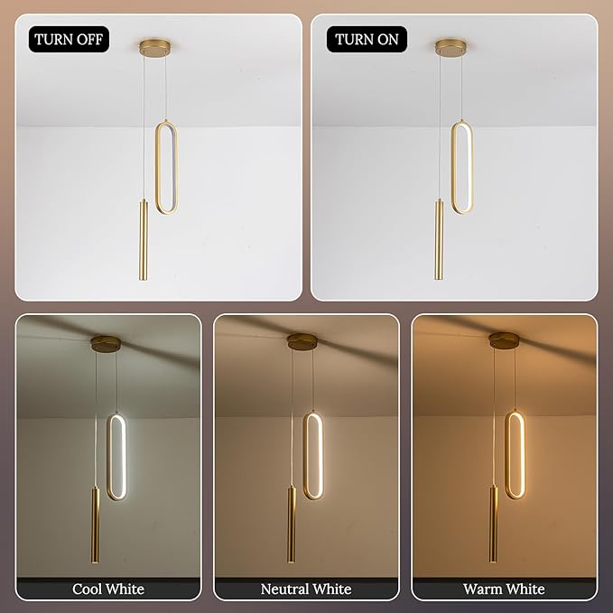 Gold Modern Mini LED Pendant Light with Remote Control, 24W 3-Color Temp Stepless Dimmable Ceiling Hanging Light for Bedroom Kitchen Island Dining Room Foyer Entryway