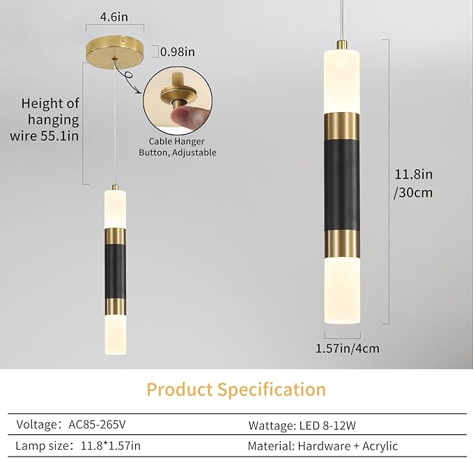 Modern Kitchen Island Pendant Light Fixtures, Black and Gold LED Ceiling Hanging Lights, 3 Color 2700K/4500K/6500K, Over Table Mini Linear Acrylic Pendant Lighting for Dining Room, Bedside, Bar