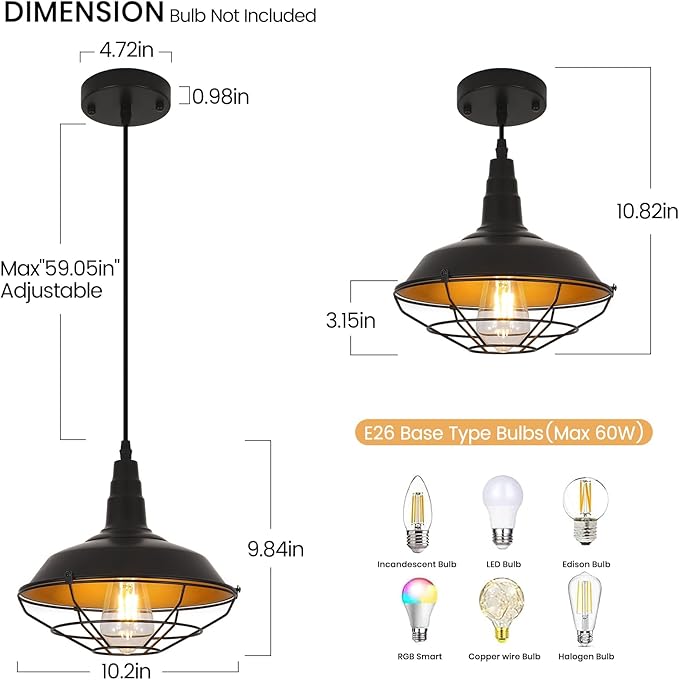 Farmhouse Pendant Light 2 Pack, 10.2" Black Pendant Lights Kitchen Island, Industrial Vintage Light Fixtures Metal Wire Cage Pendant Lighting, Island Lights for Kitchen Dining Room