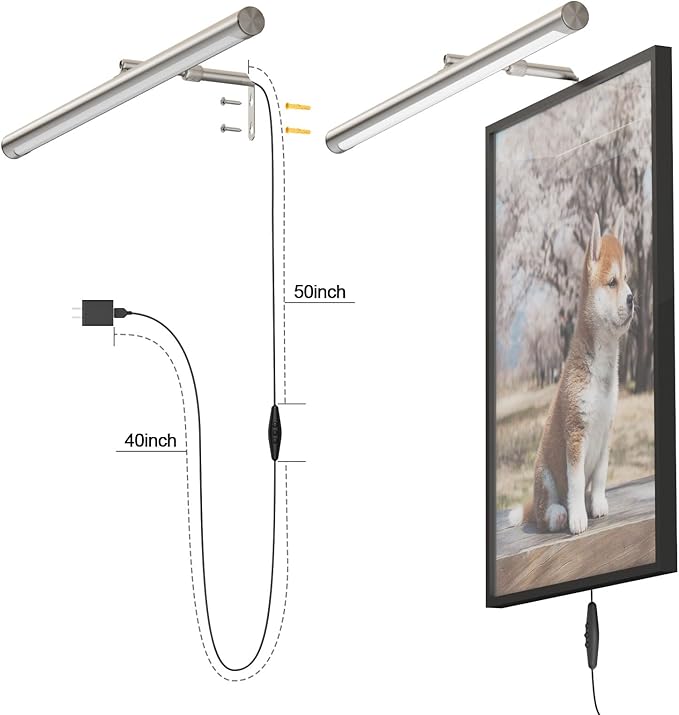 9W Picture Light Plug in, 24" Adjustable LED Art Light with Remote Control, Dimmable Wall Light for Picture Display Dartboard Art Work (Nickel)