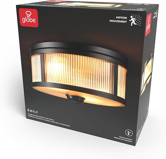 GLOBE Electric 60000123 2-Light Motion Activated Outdoor Flush Mount Ceiling Light, Matte Black, Ribbed Glass Shade, Frosted Lens, 360-Degree Detection, 25ft Range, Weather Resistant, Kitchen Décor