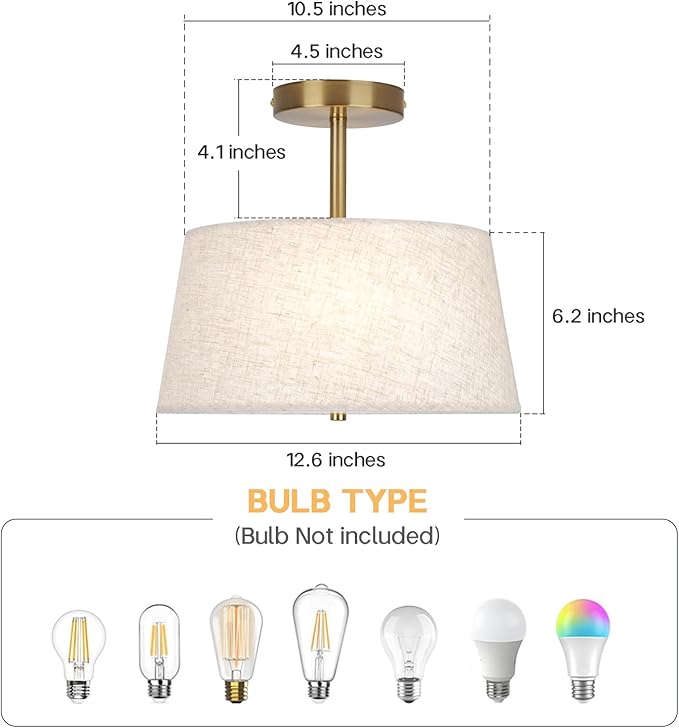 Cone-Shaped Semi Flush Mount Modern Ceiling Light Fixture, 3-Light Drum Lamp with Gold Brass Finish and Beige Fabric Shade for Bedroom, Kitchen, Dining Room, Hallway, Entryway, and Foyer