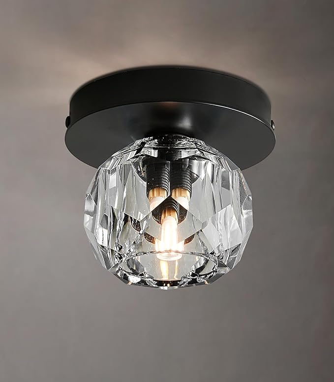 Crystal Small Chandelier Light Fixture: K9 Crystals Brass Semi Flush Mount Ceiling Lights - Black Globe Wall Sconce - Modern Mini Chandeliers for Bedroom Hallway Bathroom Living Room Entrance Closet