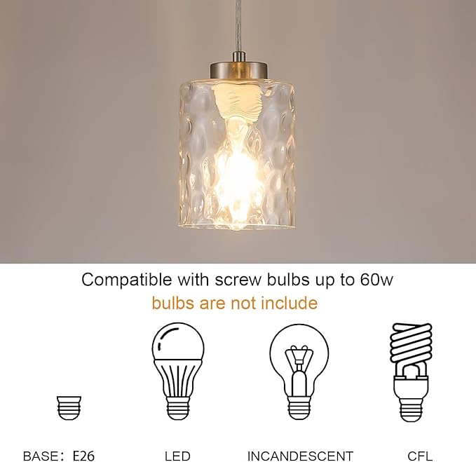 MWZ Brushed Nickel Pendant Lights Kitchen Island 3 Pack, Modern Hanging Kitchen Pendant Lighting Over Sink with Hammered Glass Shade,Small Chandeliers Fixtures Adjustable Cord Hanging Lighting