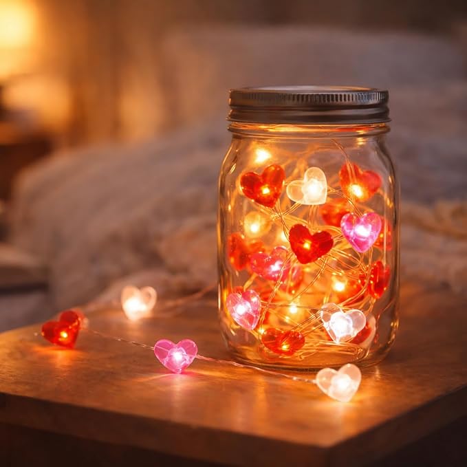 BOHON Valentine Day Decorations 13 ft 40 LEDs Red White Pink Lights String | Heart Fairy String Lights Battery Operated, Valentines Decor for The Home Galentines Day Indoor Garland Party with Timer