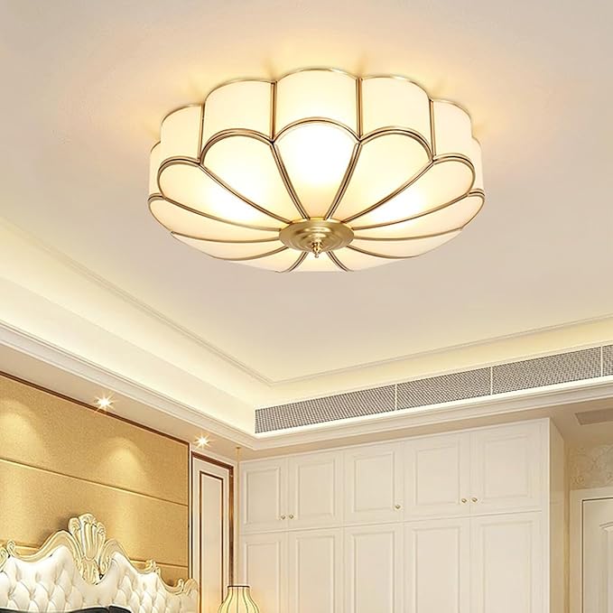 MIXL-Mid Century Brass Flush Mount Ceiling Light,14 Inch Bedroom Light Fixture,Vintage Style Ceiling Lamp for Living Room and Entyrway