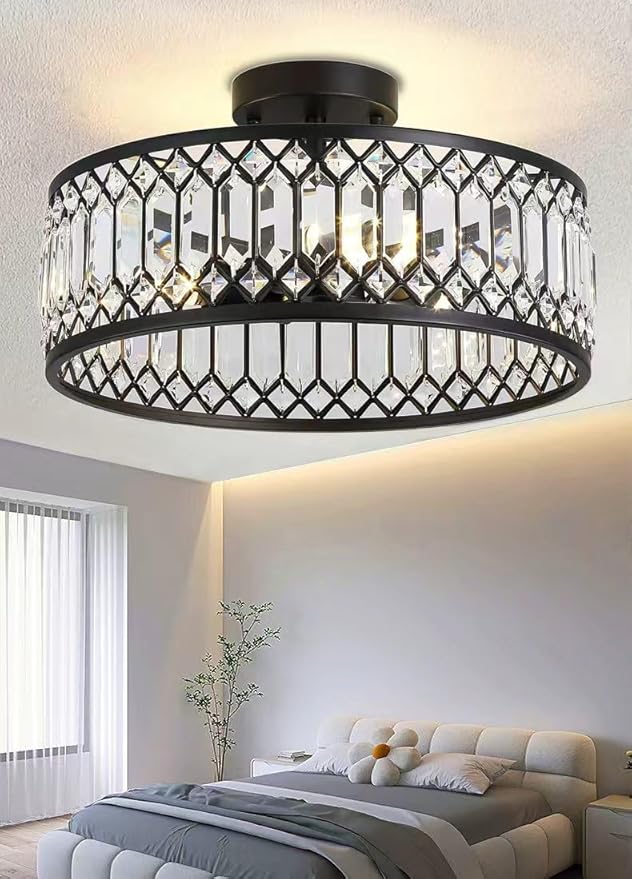 Crystal Ceiling Lights 16 Inch Modern Semi Flush Mount Ceiling Light Fixture,Farmhouse Rustic Black Chandelier for Drawing Room Bathroom Kitchen Dining Room Living Room Foyer(4 Light)