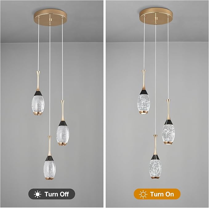 Modern Black Gold Pendant Light Dimmable LED Ceiling Light Fixtures Mini Teardrop Crystal Pendant Lighting for Kitchen Island Bedroom Hallway Entryway (3 Light，Champagne Gold)