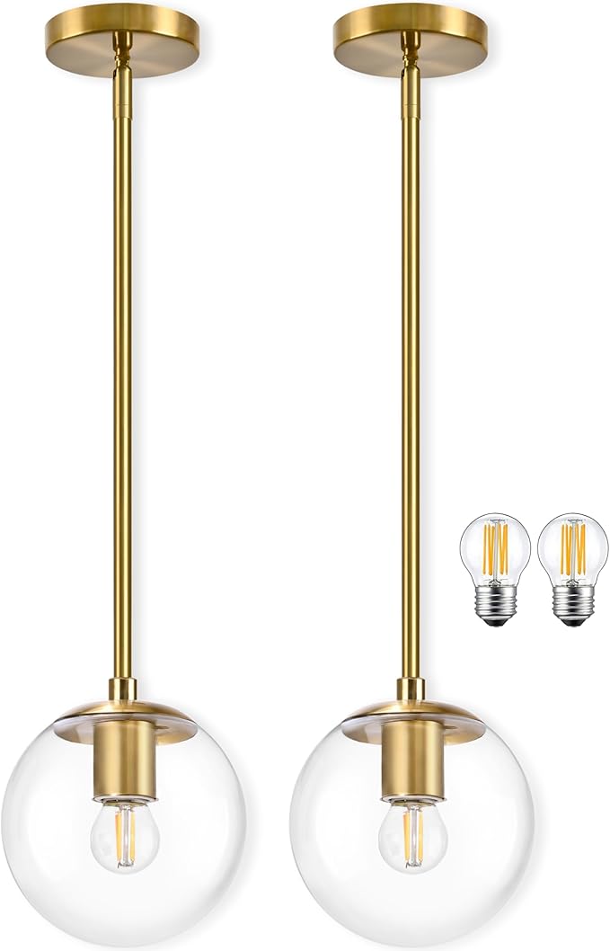 Bagood 6" Globe Pendant Light Gold 2 Pack Mid Century Pendant Light Globe Pendant Lights Kitchen Island Brushed Brass Finished with Clear Glass Adjustable Ceiling Light Fixtures for Dining Room Bar