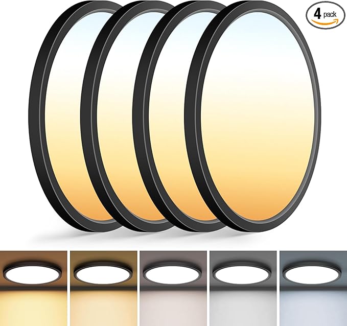 zemty 4Pack 13 inch Black LED Flush Mount Ceiling Lights, Dimmable 5 Color Temp (3000K-6500K), 24W 2400LM Bright Round Light Fixture for Kitchen Bathroom Bedroom Office