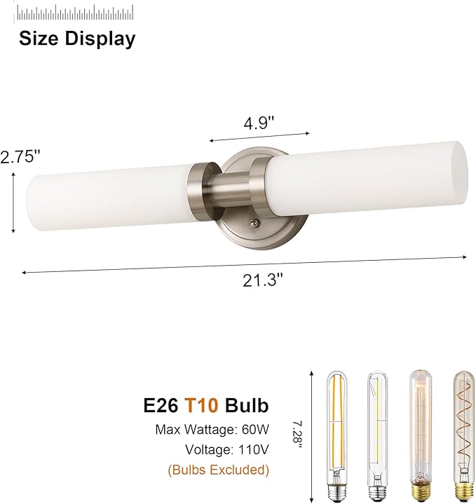 SANTOSTOCK Brushed Nickel Bathroom Light Fixtures, 2-Light Vanity Lights W/White Glass Shade, Modern Sconces Wall Lighting for Mirror Kitchen Bedroom Hallway Living Room, E26 T10 Bulbs(Excluded)