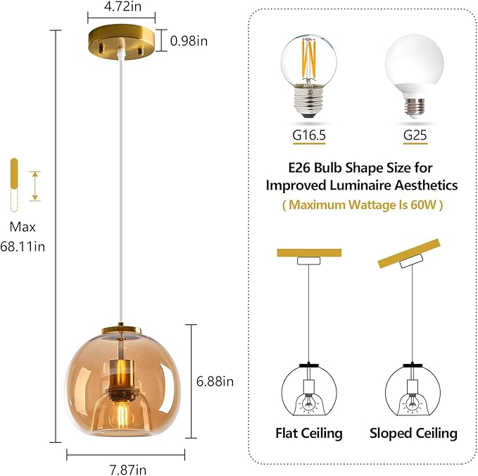 Amber Glass Pendant Lights Kitchen Island Gold Hanging Light Fixture Glass Globe Pendant Light Modern Pendant Lighting for Dining Room Bedroom Kitchen Island (7.87", 2 Pack)