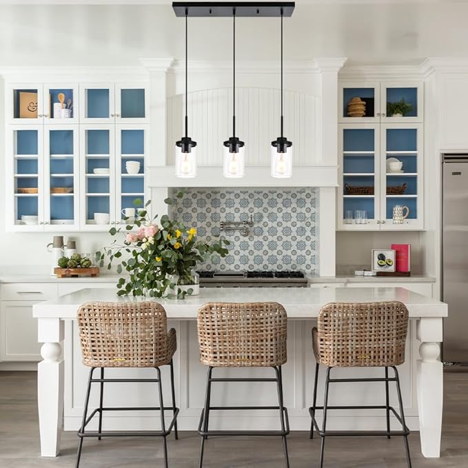 Pendant Lights Fixtures with Clear Glass Black Kitchen Light fixtures 3-Lights Hanging Light for Kitchen Island Dining Room Height Adjustable
