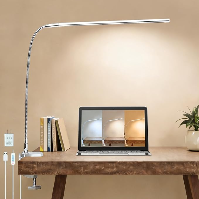 Space Aluminum LED Desk Lamp with Clamp, Clip on Light for Reading Study Desk Light 3 Modes 10 Brightness Flexible Gooseneck with USB Adapter Table Lamp for Home Office Computer Nail Work