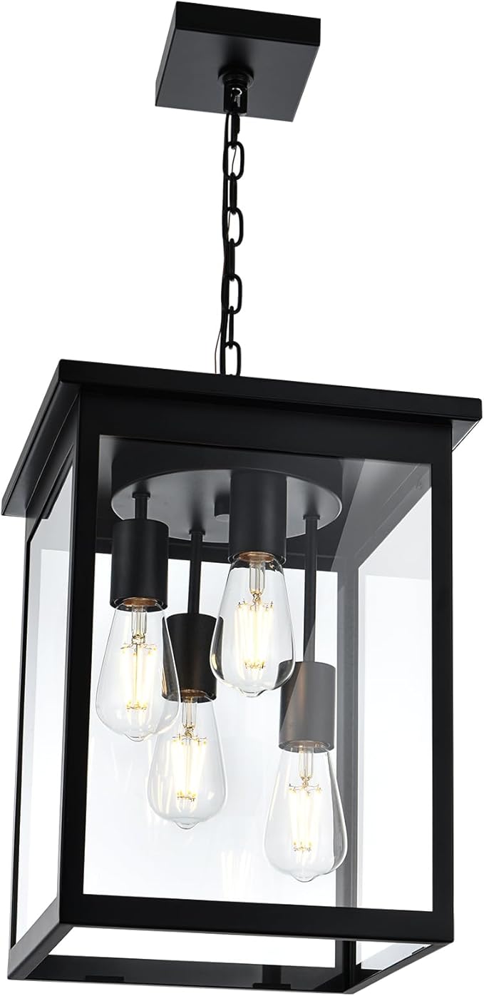 TODOLUZ Large Outdoor Pendant Light Fixtures, 4-Lights Black Exterior Ceiling Hanging Lanterns with Clear Glass, Farmhouse Outdoor Chandelier for Front Door Entry Patio