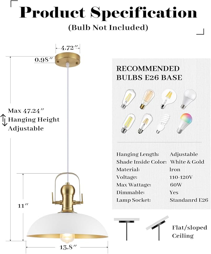 White and Gold Pendant Lights 2 Pack, 13.8 Inch White Farmhouse Pendant Light Kitchen Island, Industrial Pendant Lights, Island Pendant Lights for Kitchen Barn Hallway Porch Dining Room