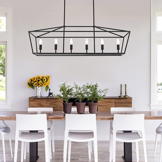 6-Lights Kitchen Island Pendant Lighting in Black Finish, 42-Inches Width Farmhouse Light Fixtures Ceiling Hanging for Dining Room Pool Table
