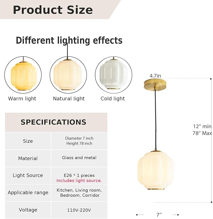 Vintage Milk Glass Pendant Lights Kitchen, Brass Color Glass Ceiling Light Fixture, Retro Industrial Pendant Lighting for Dining Room, Kitchen, Bedroom, Entryway, Hallway (White and Gold, 7in)