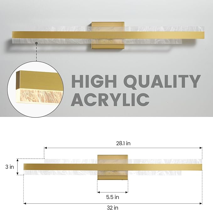 Modern Bathroom Vanity Light: Brushed Gold 32 inch 28W Dimmable LED Bath Bar Light Fixtures Over Mirror - Wall Sconce Picture Lights for Paintings Cabinets Bedroom 3000k