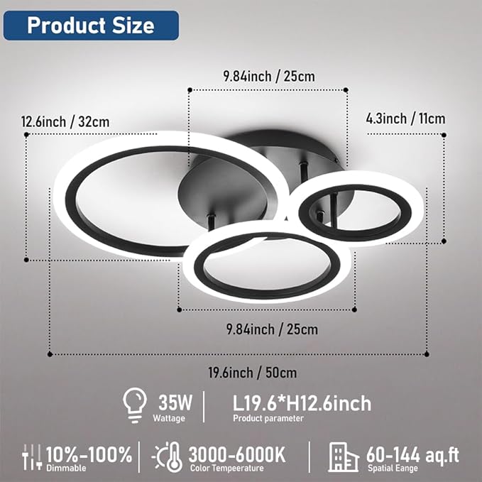 Acrylic Modern Led Ceiling Light 3 Rings Black Ceiling Light Fixture Dimmable Flush Mount Ceiling Light with Remote Control for Bedroom Dining Room Kitchen Office Lamp