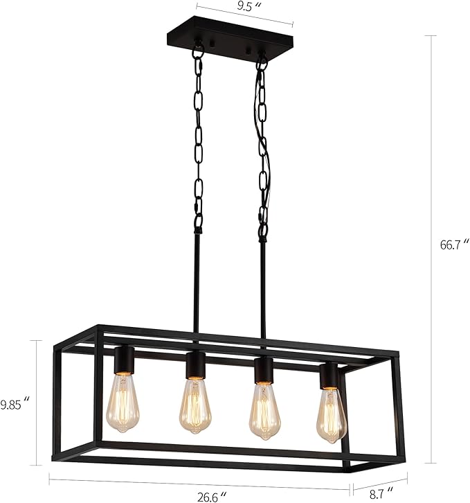 AMZASA Black Rectangle Island Lighting Rectangular Modern Industrial Chandelier 4 Lights Linear Vintage Cage Light Fixtures for Kitchen Dining Room (Height Adjustable)