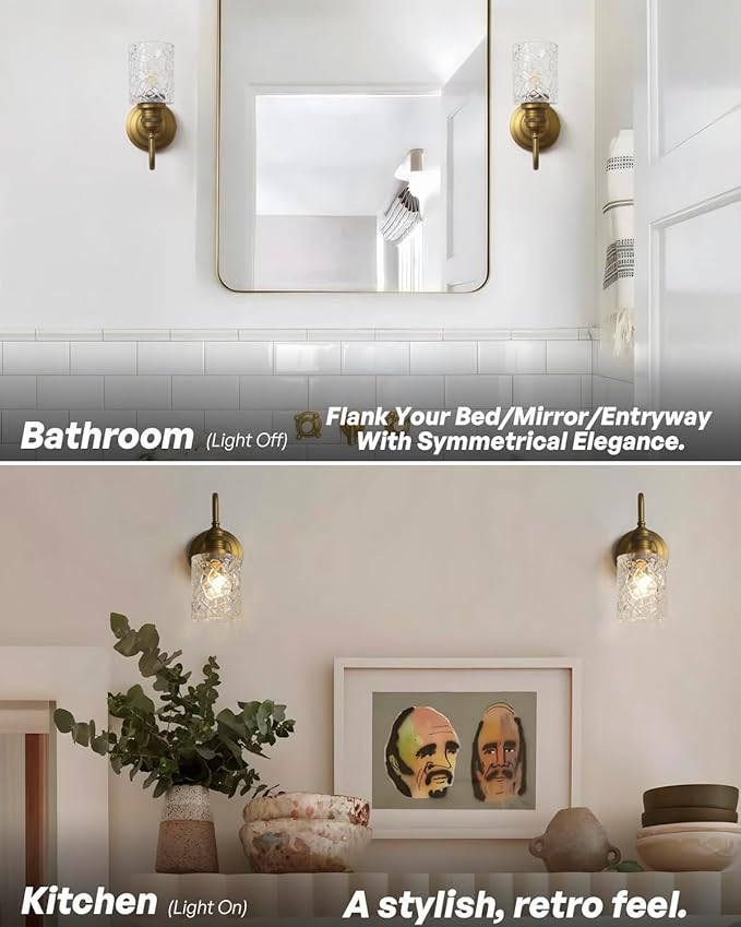 Vintage Wall Sconce Brass Gold Bathroom Vanity Light with Clear Ripple Glass Shade Indoor Hardwire Wall Mounted Lamp Light for Bathroom Mirror Living Room Bedroom Kitchen
