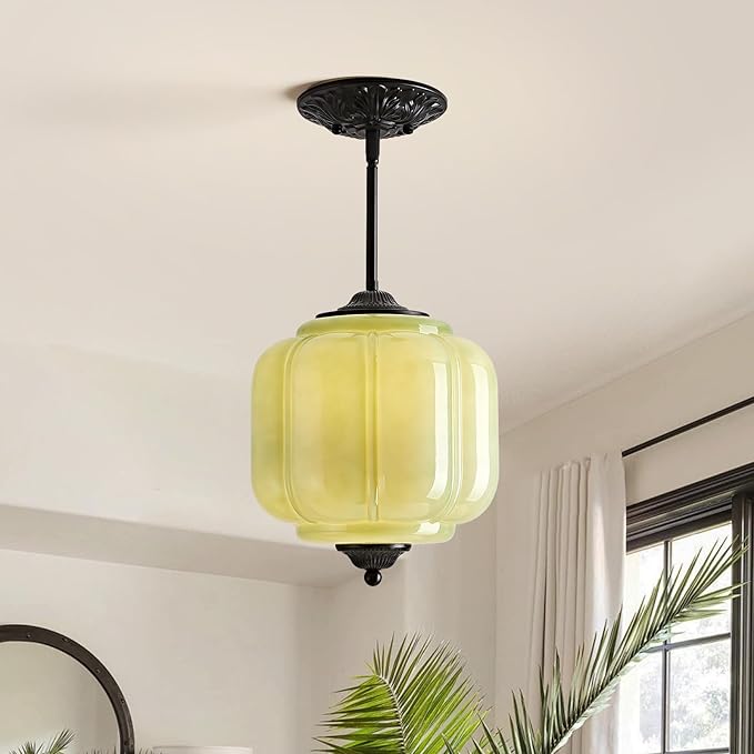 Milk Glass Pendant Light, 9 Inch Green 3 Color Adjustable Mid-Century Ceiling Light Fixture Schoolhouse Hanging Lamp Chandelier for Kitchen Dining Room Hallway Bedroom (Bulbs Included)